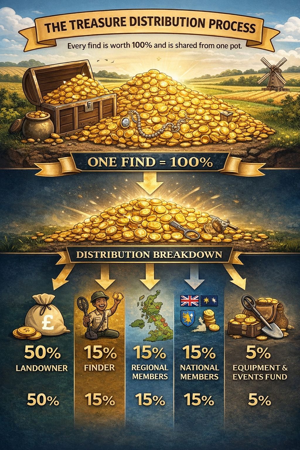 The Treasure Distribution Process - 50% Landowner, 15% Finder, 15% Regional Members, 15% National Members, 5% Equipment & Events Fund